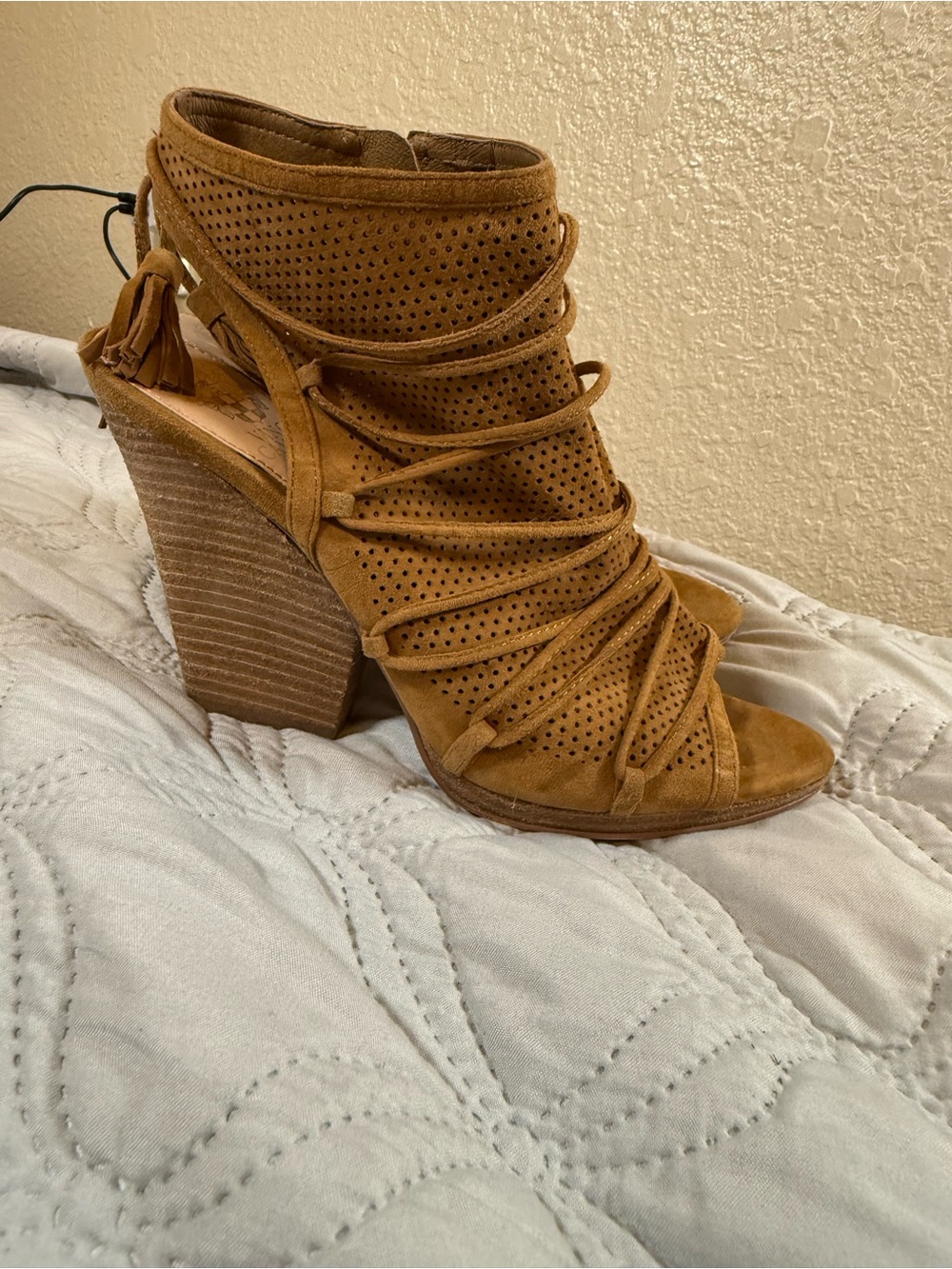 Vince Camuto Tan Perforated Suede Lace-Up Wedge Sandals‎